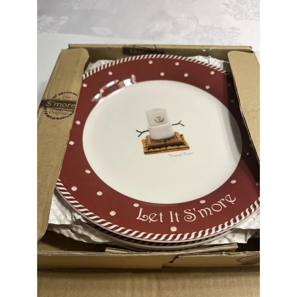 4pc Nikko The S’mores Snowman Skiing Sledding 8” Sandwich/Dessert Plates